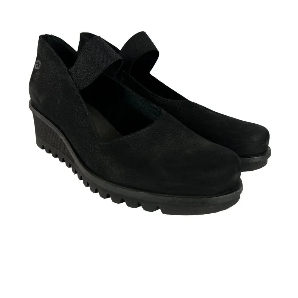 Loints Of Holland Maryjane Shoes Womens 41 9.5 10 Black‎ Wedge Pebbled Leather